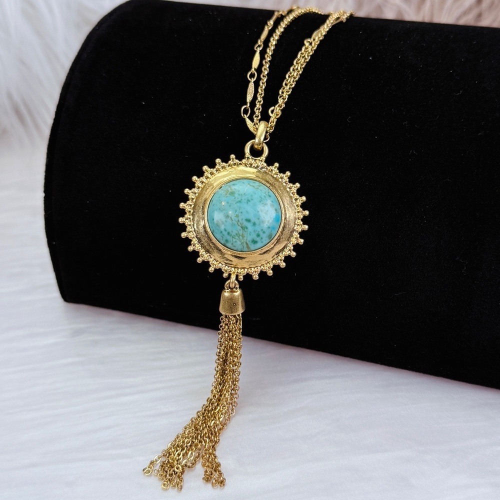 Stunning, aged goldtone necklace, chunky fringe, dual sided weighted pendant
